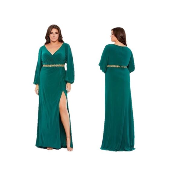 Mac Duggal Emerald Green Holiday Long Sleeve Jersey A-Line Gown size 22W NWT - Picture 2 of 7